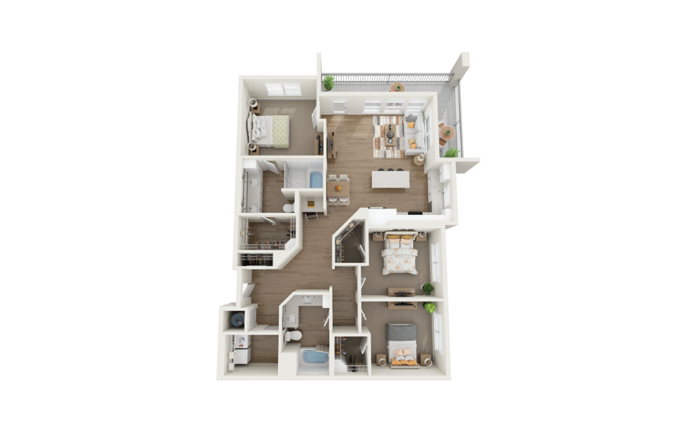 Unwind 3 Bedroom And 2 Bathroom 3D Floor Plan At Legacy Universal Apartments In Orlando, FL